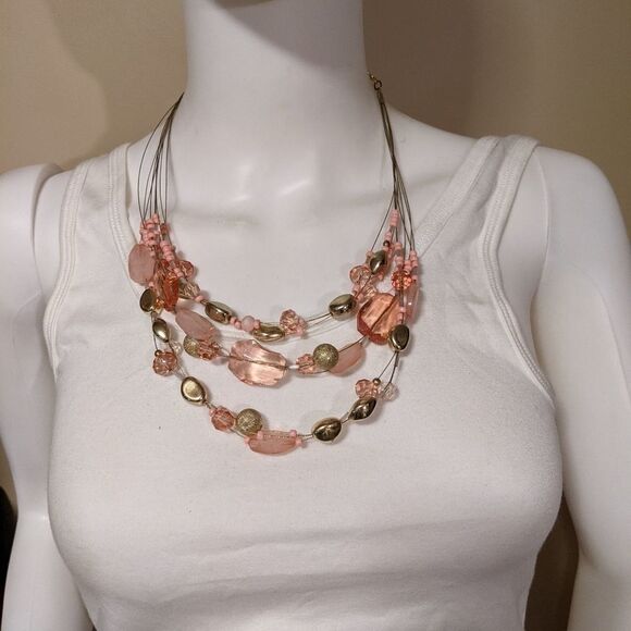 Vintage pink & silver wire multi layer necklace - Picture 1 of 4